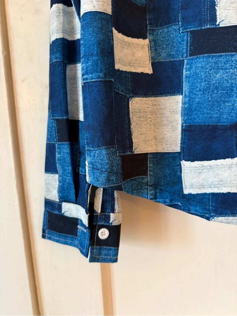 Blue and White Patchwork Button-Up Shirt - Picture 8 of 8